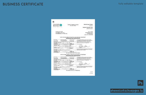 USA New Mexico Registrierungszertifikat Word- und PDF-Beispielvorschau